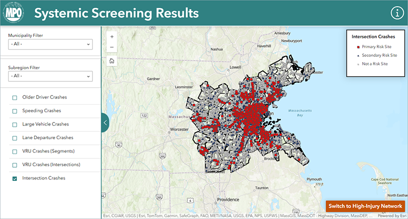Figure 2.1: A screenshot of the on-line systemic screening results analysis tool which allows users to search on various subregions, municipalities, and emphasis areas described in the Boston Region MPO Vision Zero Action Plan.  This figure shows the filter options on the left-hand side with a map of the region with dropped pins on roads with safety concerns on the right-hand side of the screen.